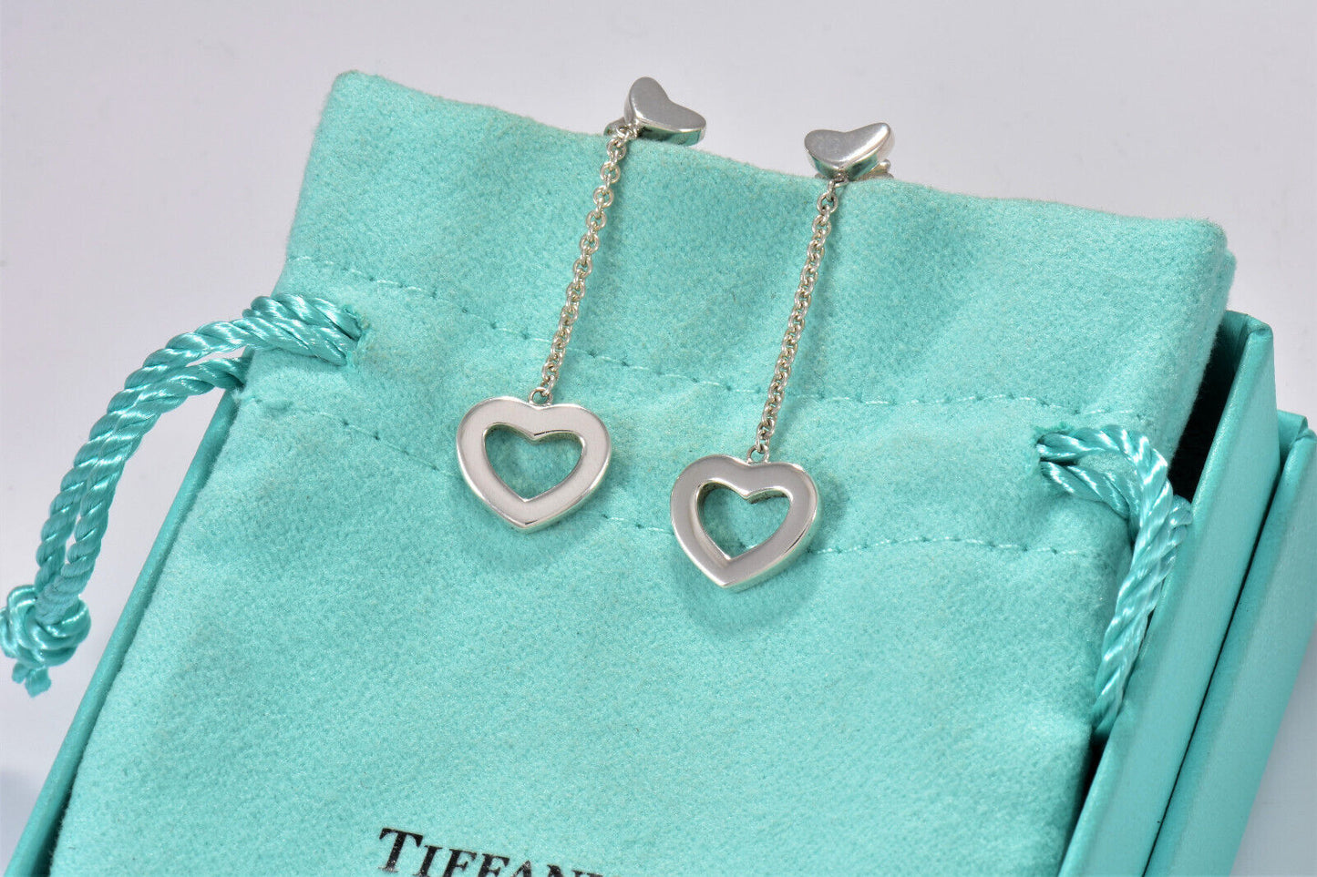 Tiffany & Co Silver Heart Drop Lariat Dangle Earrings Only Lovely