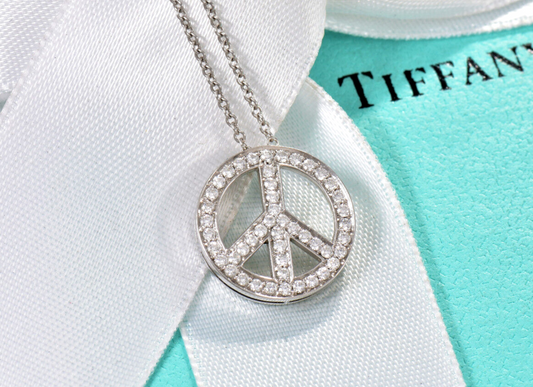 Tiffany & Co Platinum Diamond Large 15mm Peace Sign Pendant 22.5" Necklace Boxed