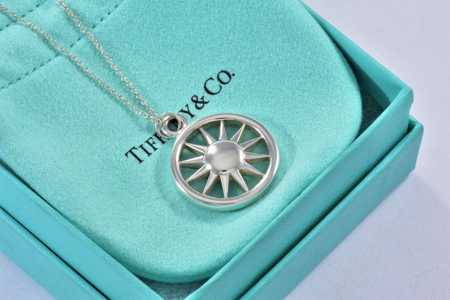 Tiffany & Co Sterling Silver Sun Pendant XL 25" Chain Necklace Rare Summer Art