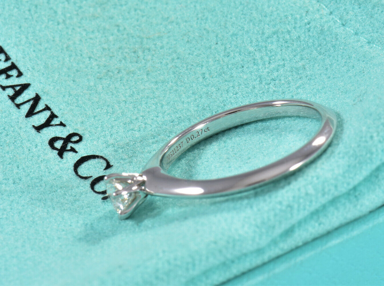 Tiffany & Co Platinum .27 ct Round Solitaire Diamond  Ring Size 5.5 in Box Pouch