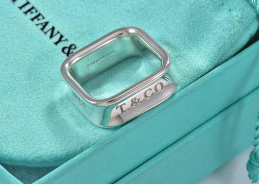 Tiffany & Co 1837 Sterling Silver Square Wide Band Ring Size 7 in Pouch Rare