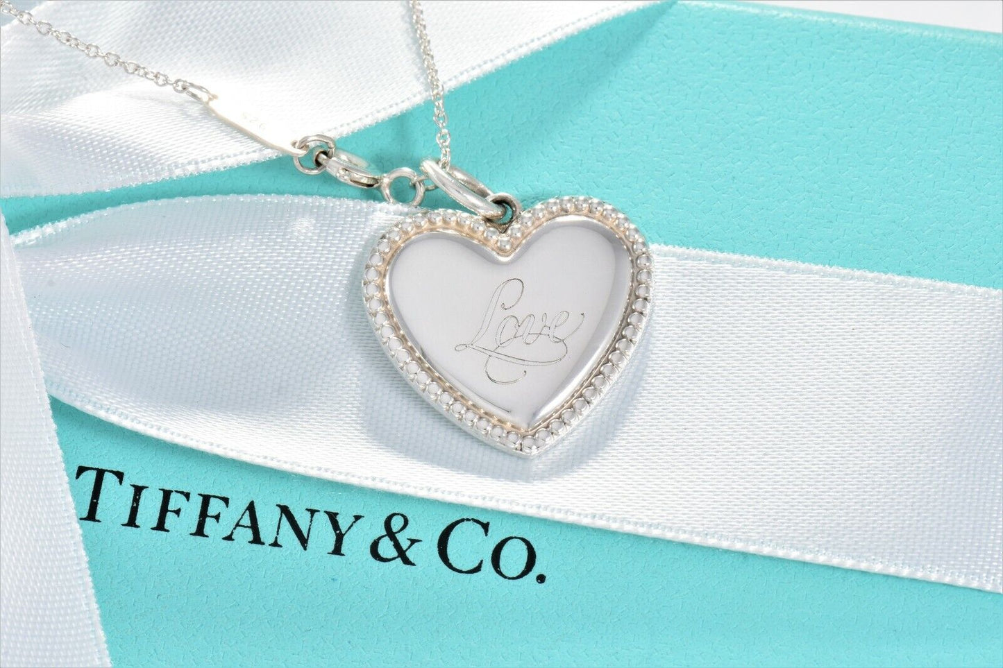 Tiffany & Co Silver Heart Love Signature Bead Pendant Necklace in Box Pouch Rare