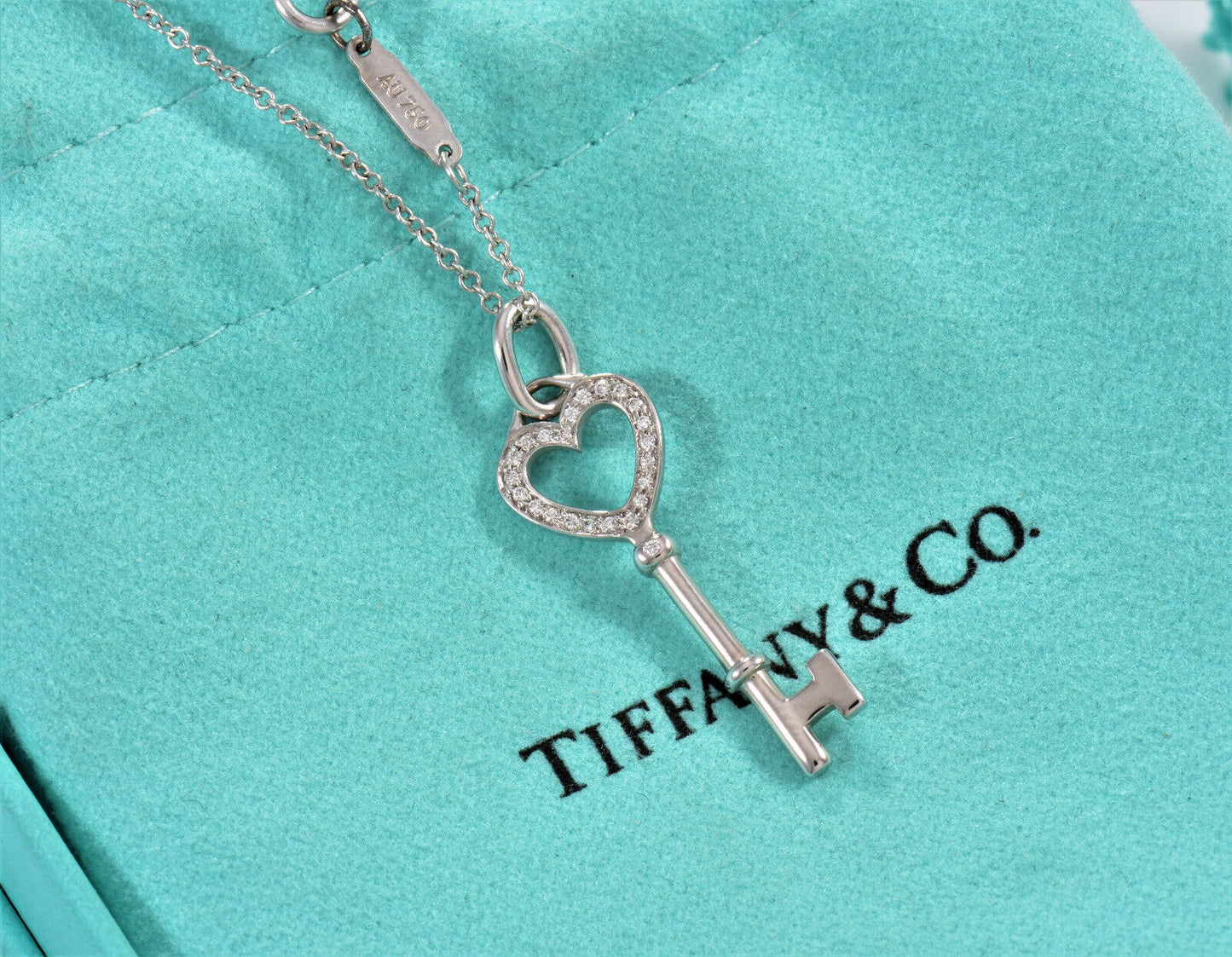 Tiffany & Co Diamond 18K White Gold Heart Key Pendant 18" Chain Necklace in Box