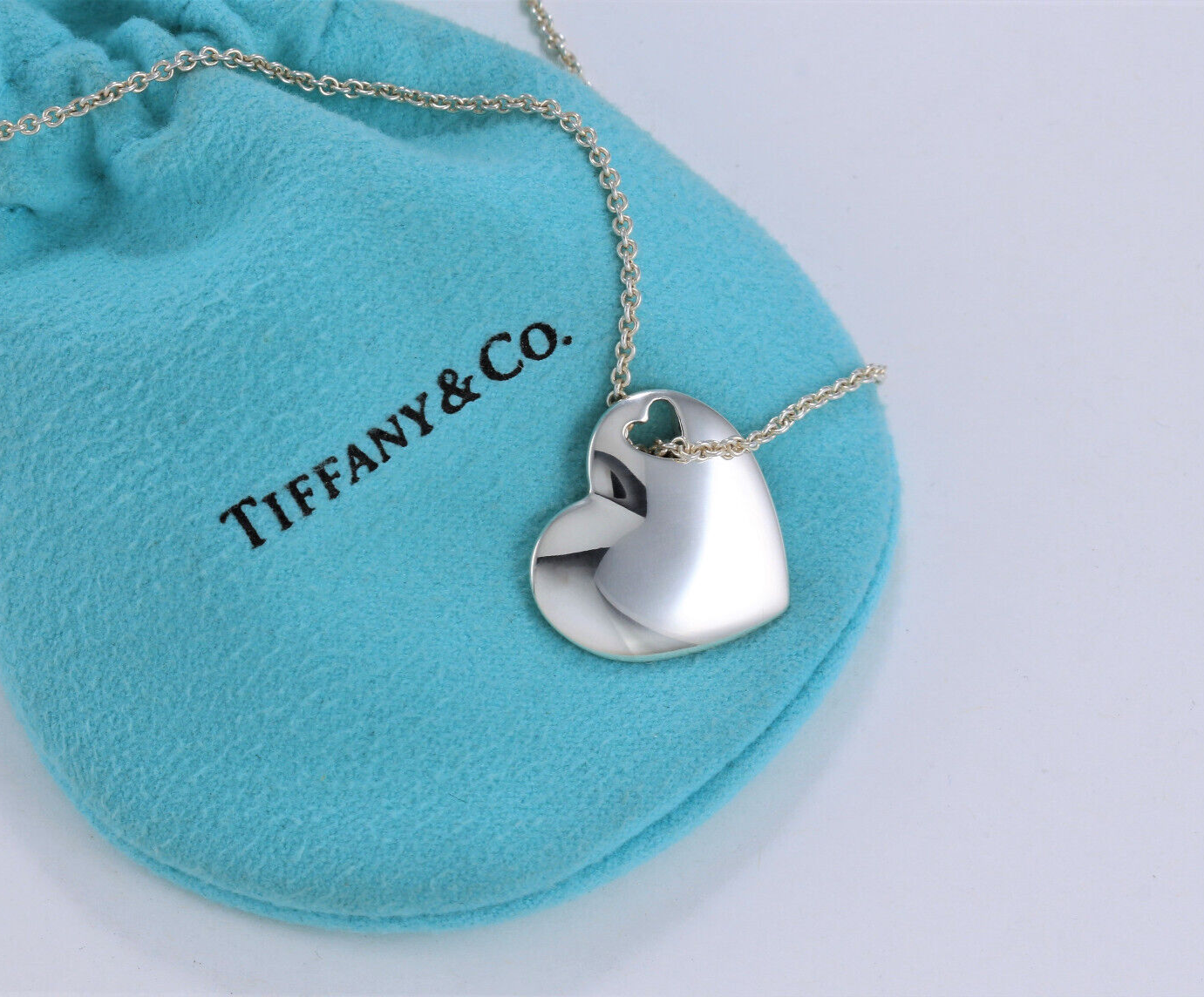 Tiffany & Co Silver Double Heart Puff Cutout Pendant 16.25" Necklace in Pouch