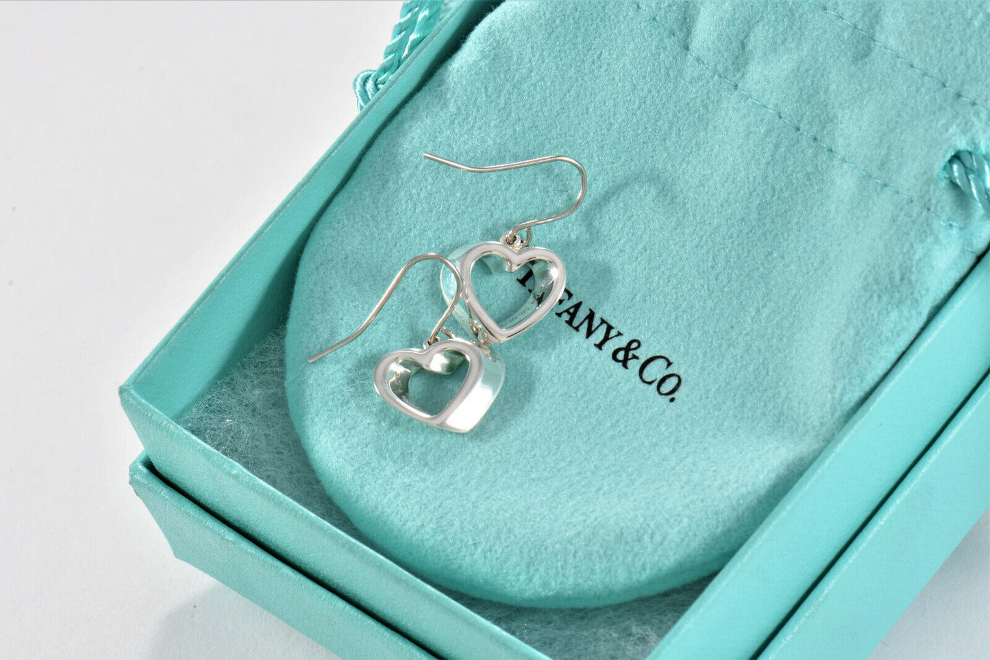 Tiffany & Co Silver Geometric 3D Heart Stencil Dangle Hook Earrings in Pouch