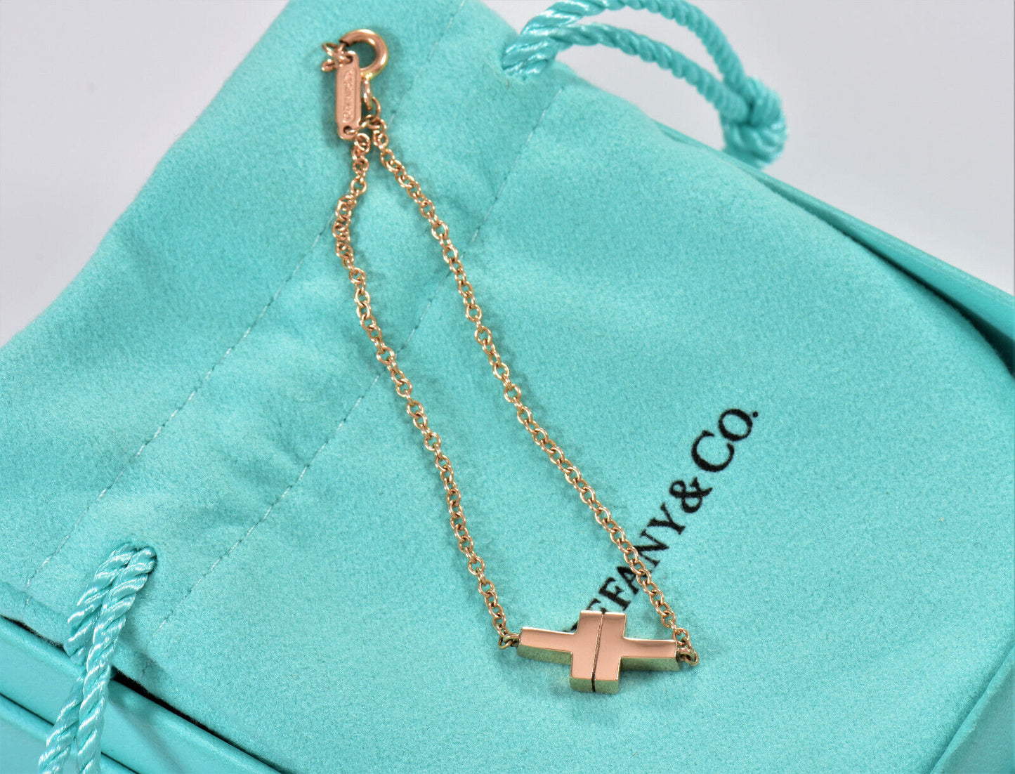 Tiffany & Co 18K Rose Gold T Square Single Chain 6.5" Bracelet in Box Rare Love