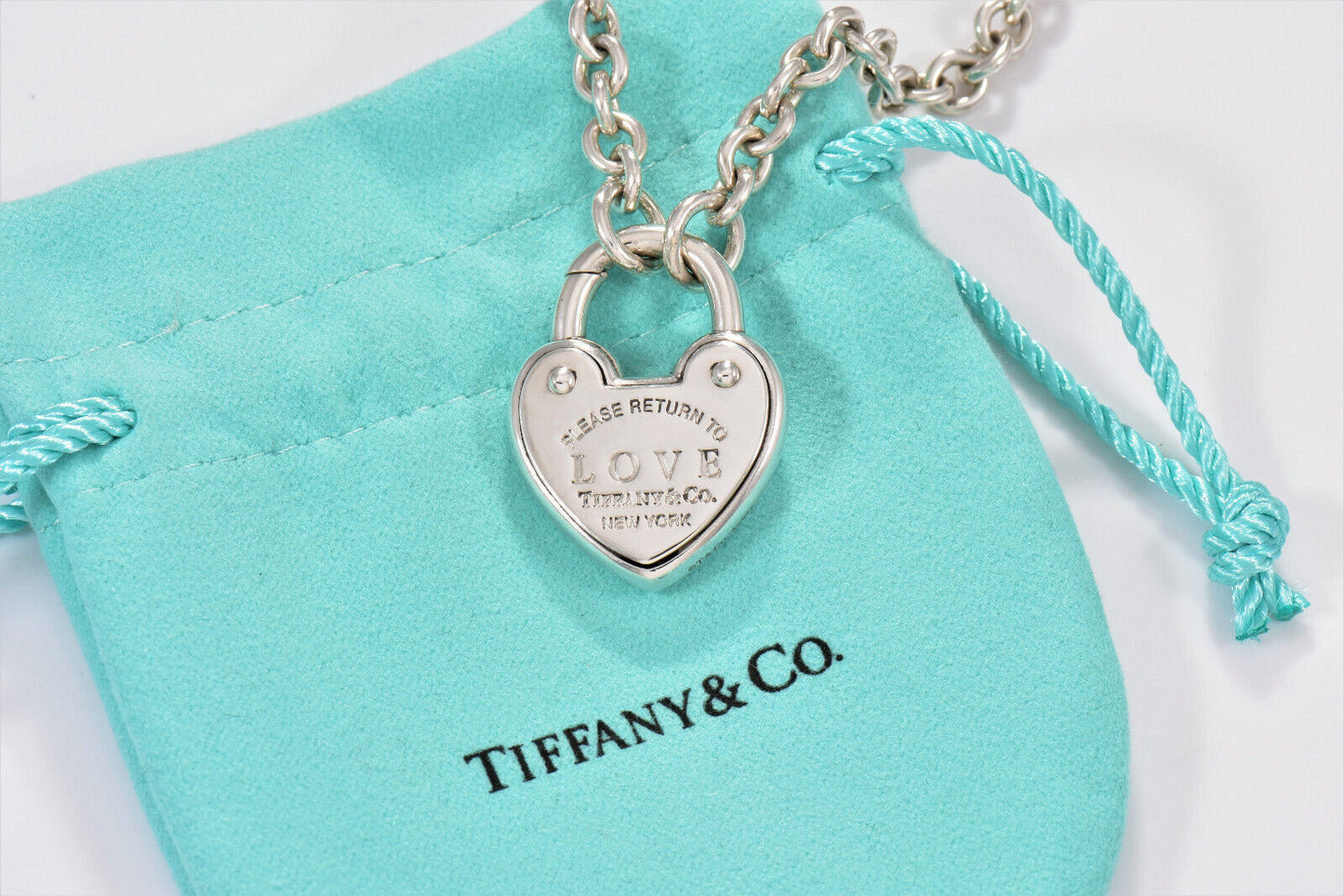 Please Return Tiffany & Co Silver Love Lock Heart Charm 18" Necklace in Pouch