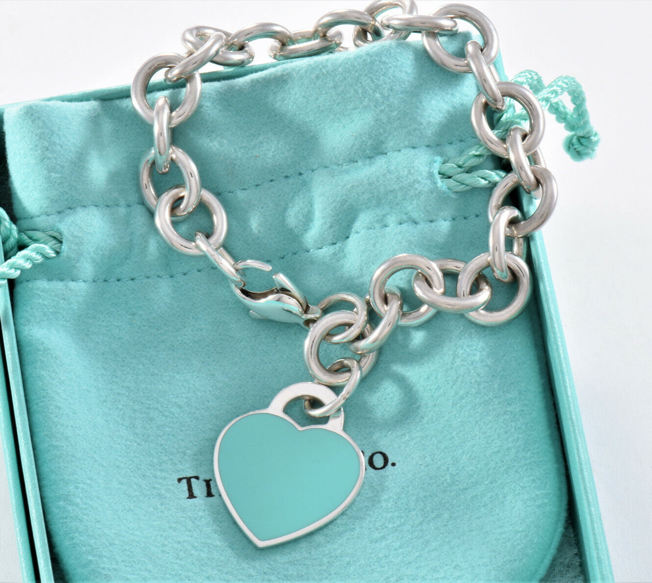 Please Return To Tiffany & Co Silver Blue Enamel Heart Chain Link 7.7" Bracelet