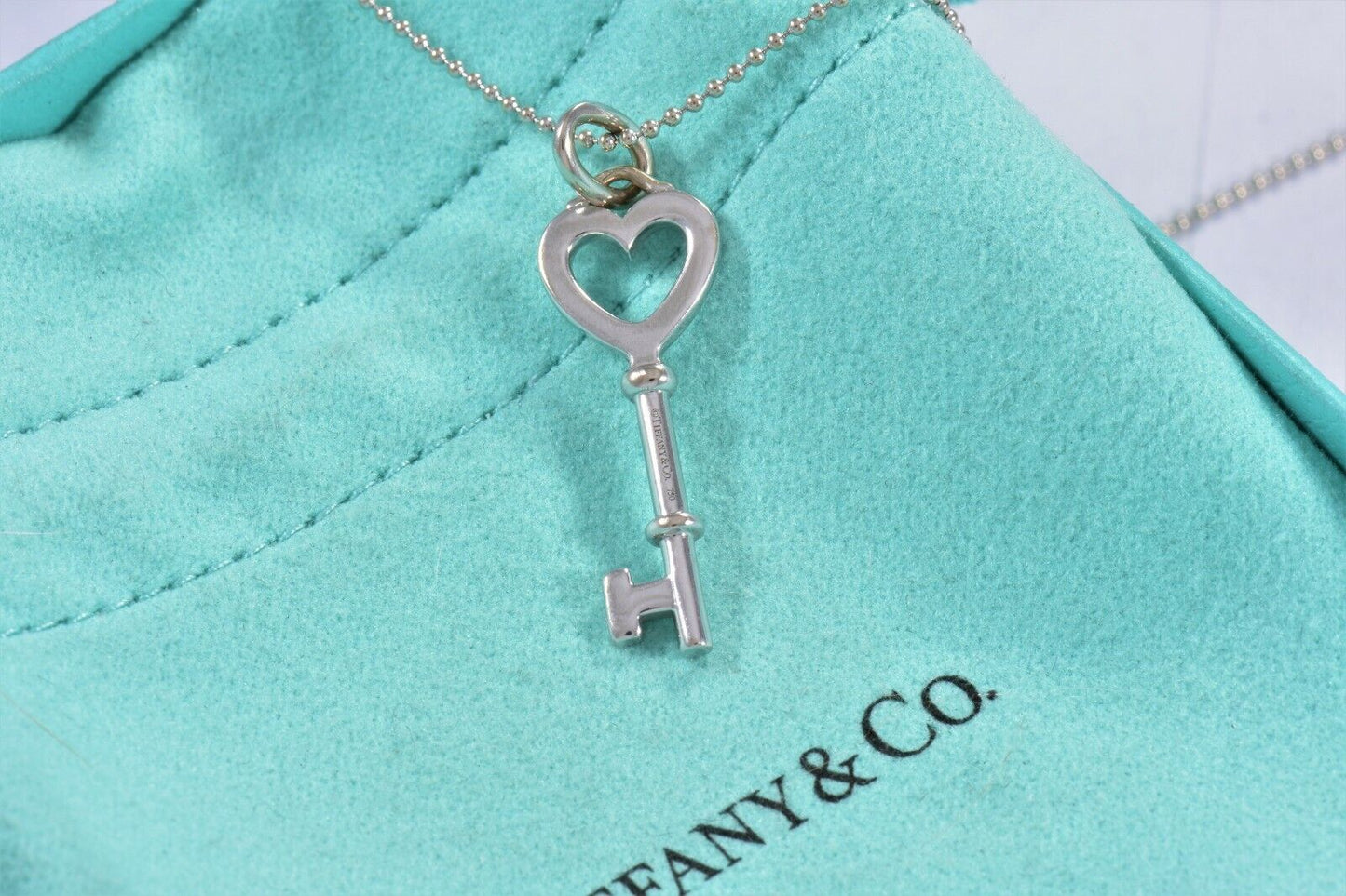 Tiffany & Co Diamond 18K White Gold Heart Key Pendant Bead Chain Necklace in Box