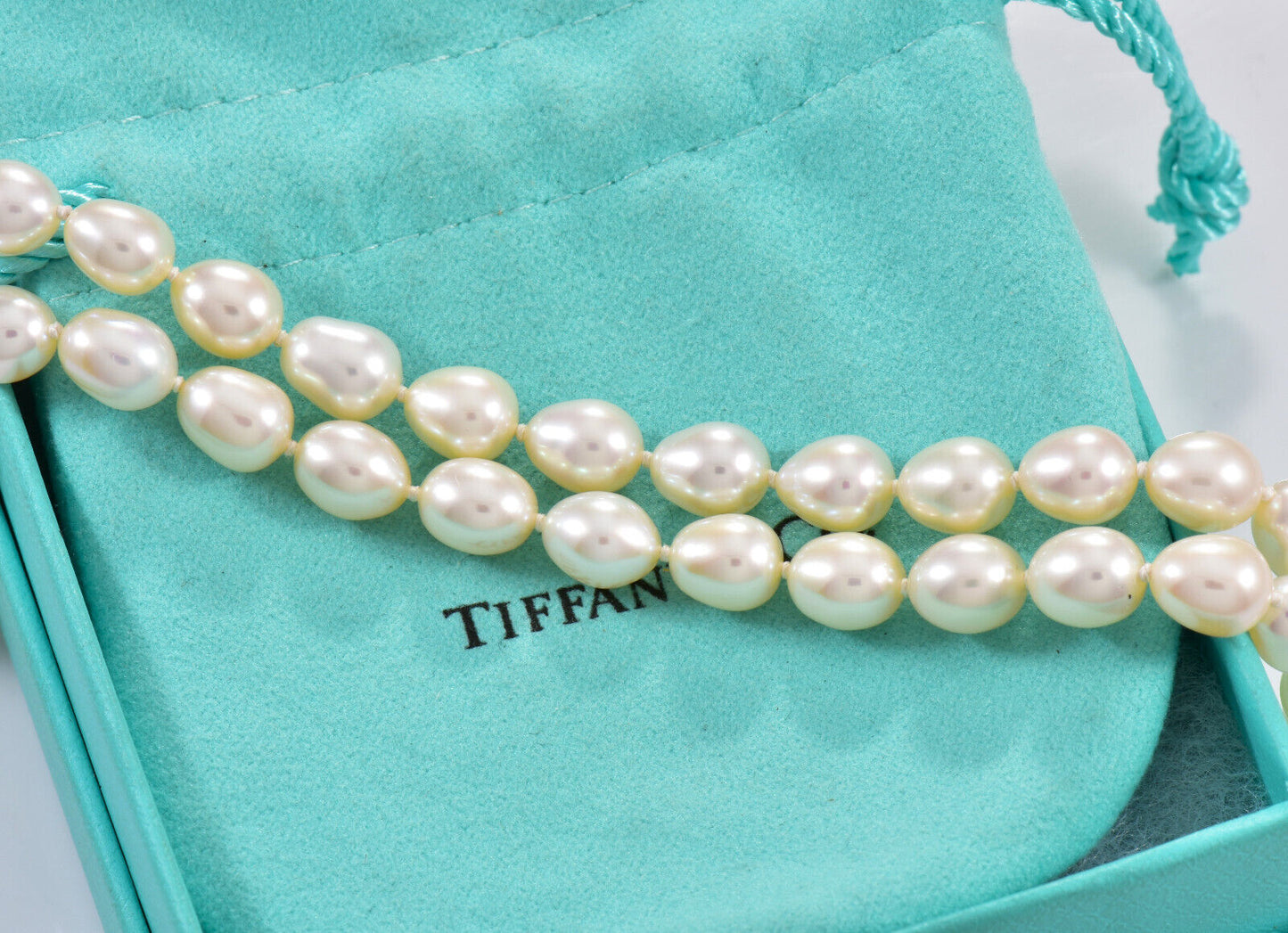 Tiffany & Co Silver Pearl Bead Strand Twist Bar Pendant 16.5" Necklace in Pouch