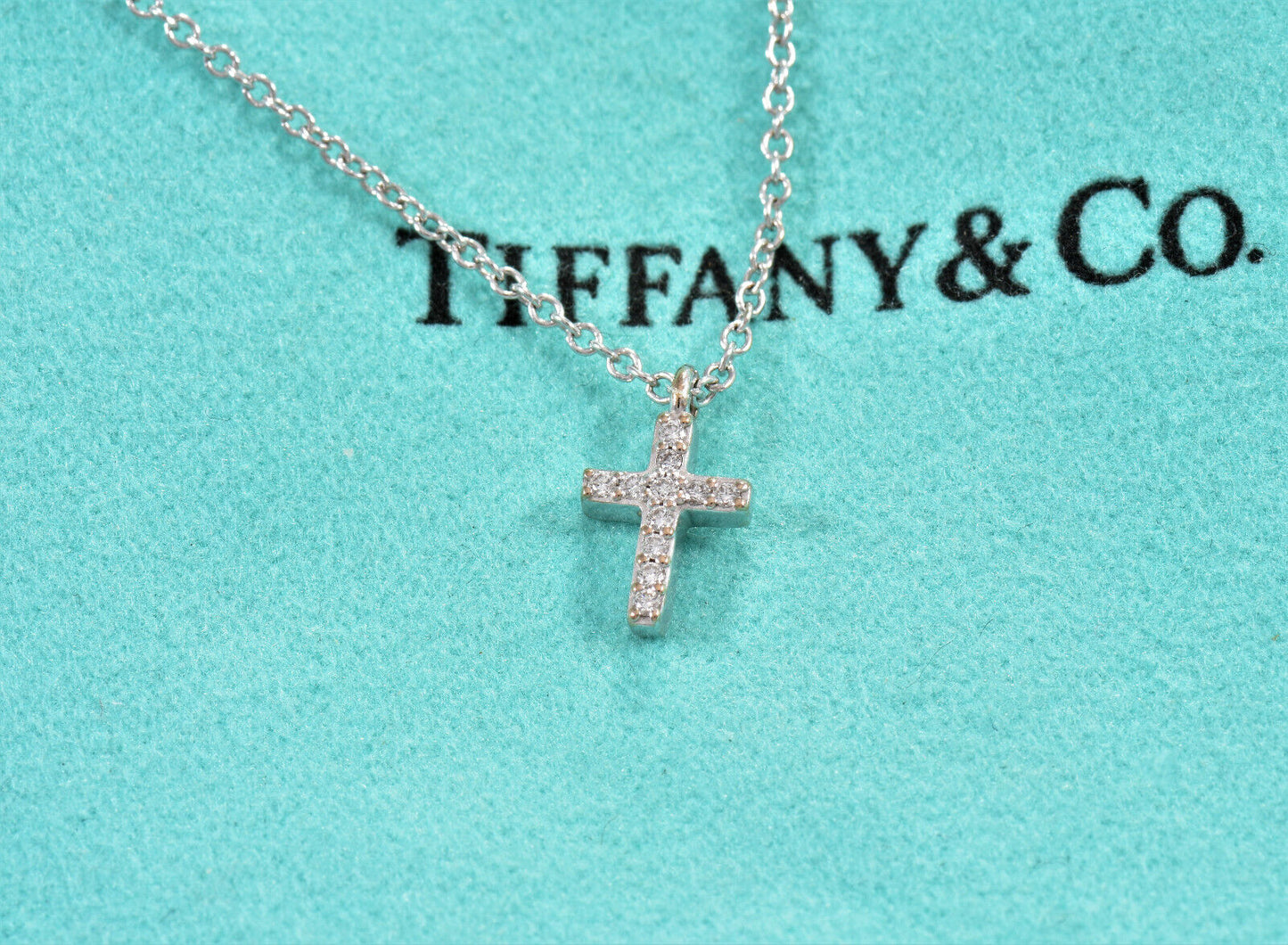 Tiffany & Co Diamond 18K White Gold Mini Metro Cross Pendant 17" Necklace Boxed