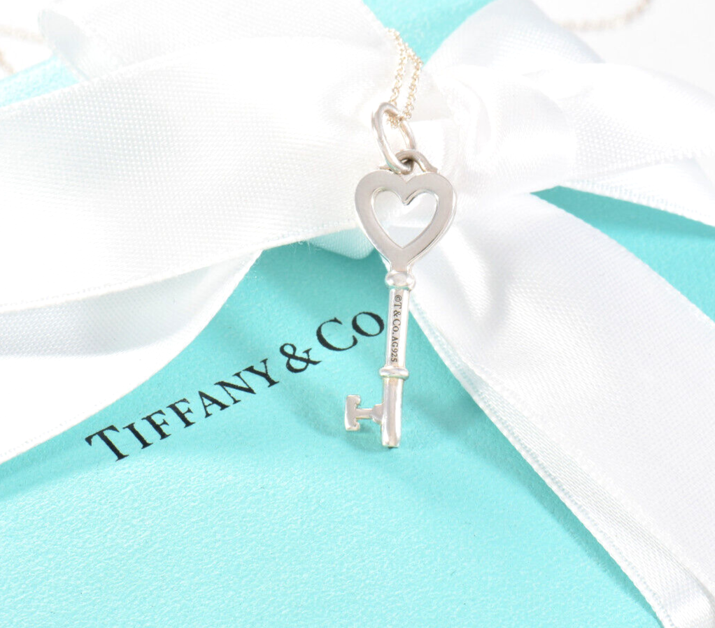 Tiffany & Co Silver Small 1.25" Heart Key Pendant 16.25" Chain Necklace in Pouch