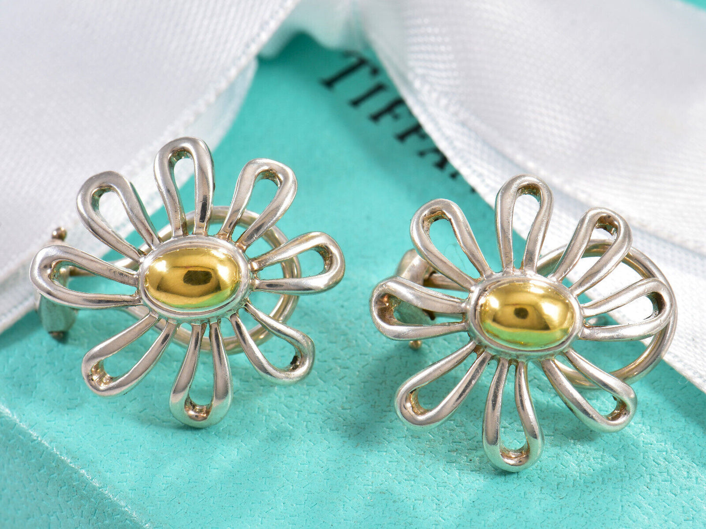 Tiffany & Co 18k Gold Silver Large 23mm Daisy Flower Stud Earrings in Pouch Rare