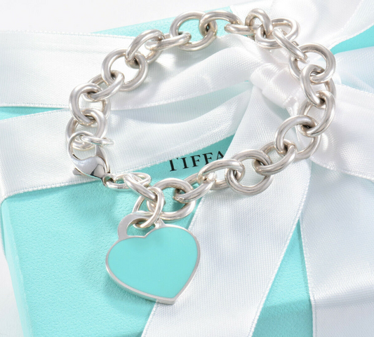 Please Return To Tiffany & Co Silver Blue Enamel Heart Chain Link 7.7" Bracelet