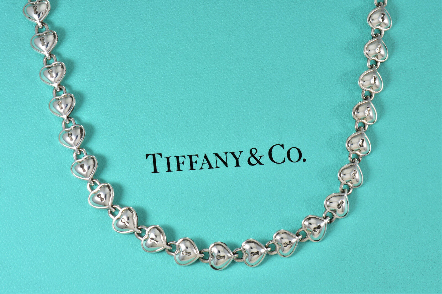 Vintage Tiffany & Co Italy Silver Heart Link Padlock Pendant 16.6" Necklace Lock