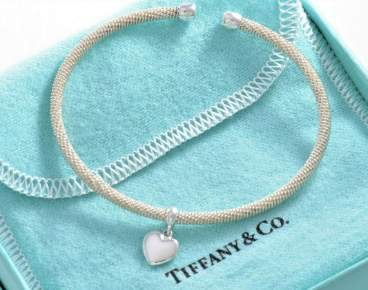 Rare Tiffany & Co Silver Dangling Heart Charm Mesh Cuff Bracelet Pouch Flexible