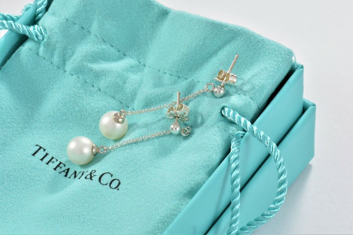 Tiffany & Co Sterling Silver Bead Pearl Drop Earrings in Box Pouch Dangle Rare