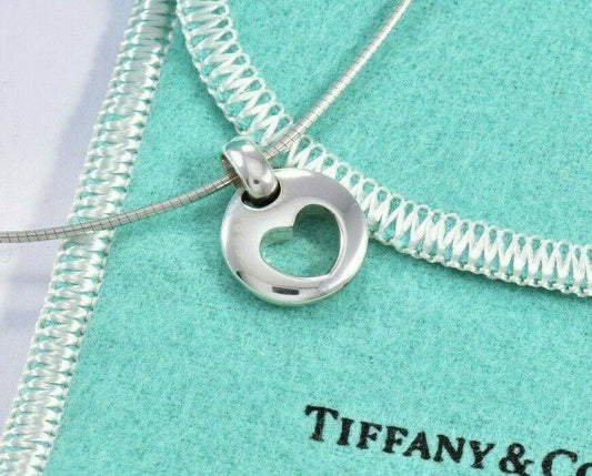 Vintage Tiffany & Co Silver Stencil Cutout Heart Pendant 16" Necklace in Pouch