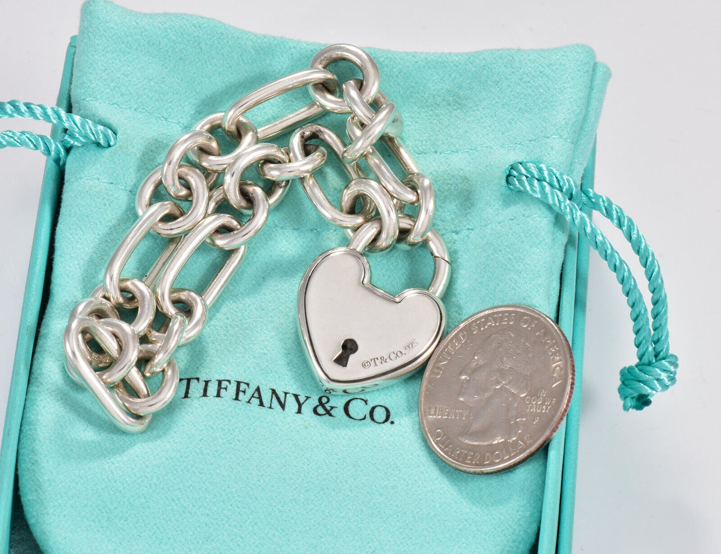 8" Tiffany & Co NY Silver Heart Lock Charm Heavy Oval Chain Link Bracelet in Box