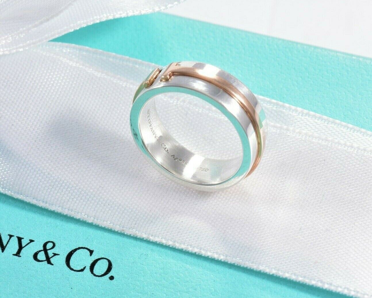 Tiffany & Co Silver 18k Rose Gold T Square 6mm Wide Band Ring Size 4 and Pouch