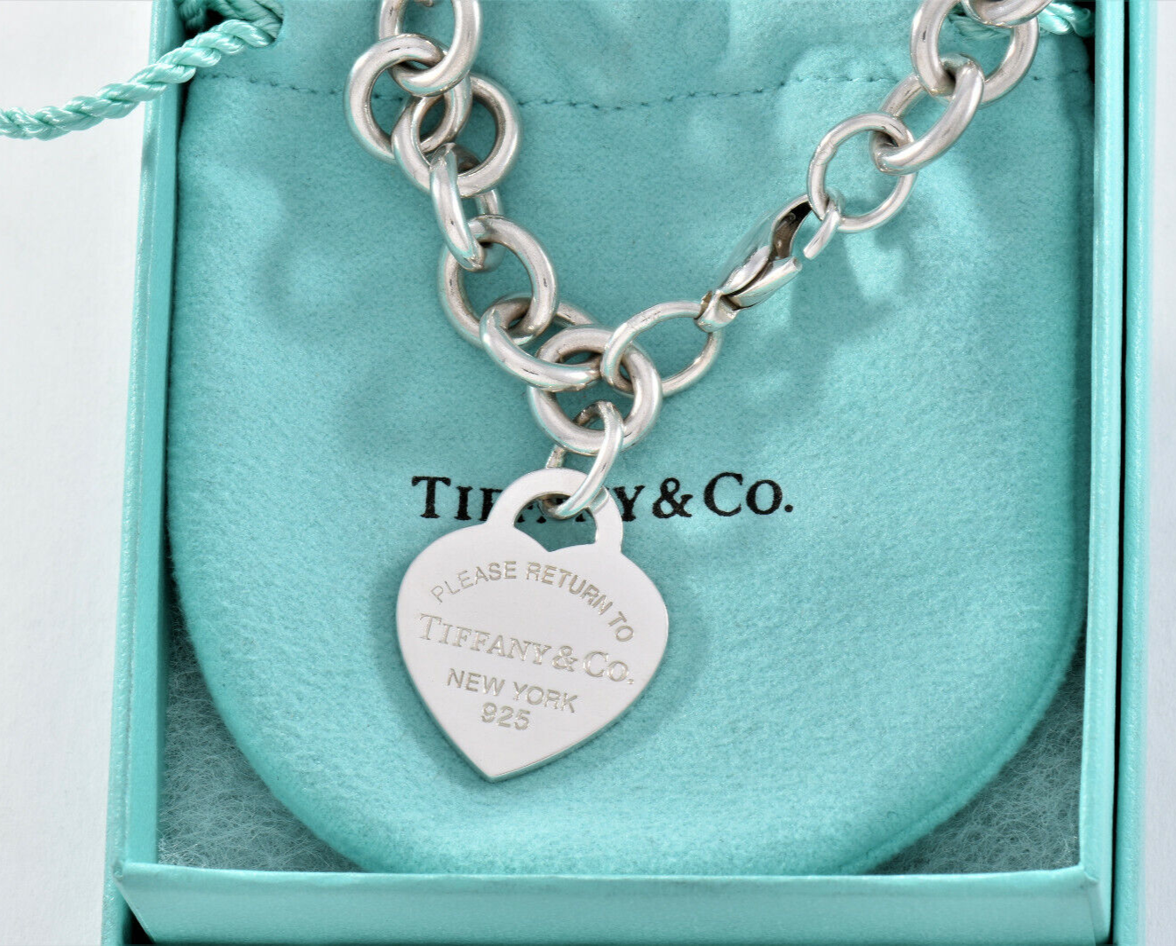 Please Return To Tiffany & Co Silver Blue Enamel Heart Chain Link 7.7" Bracelet