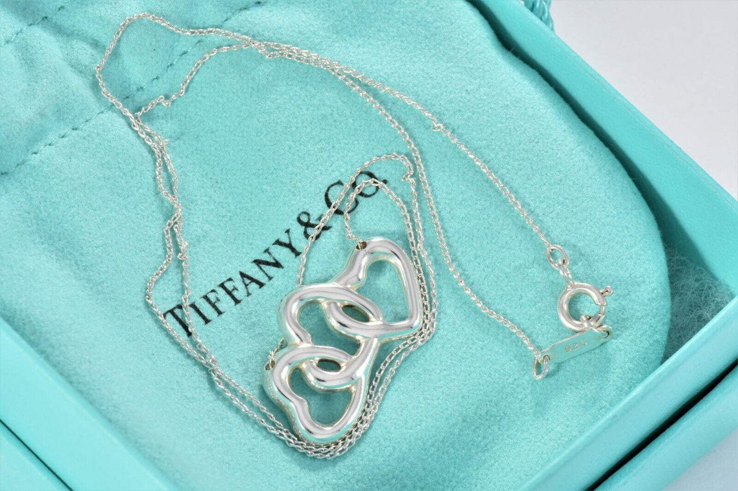 Vintage Tiffany & Co Silver Three Heart Pendant 18" Fringe Necklace Pouch Rare