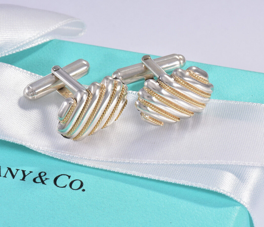 Tiffany & Co 18k Gold Silver Rope Rectangle Cufflinks in Pouch Mens Suit Square