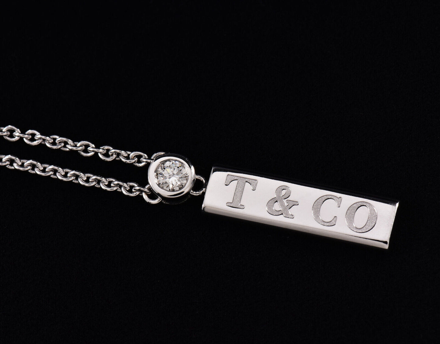 Tiffany & Co Diamond 18K White Gold Logo Bar Pendant 16.25" Necklace & Box Pouch