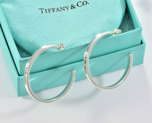 Tiffany & Co Sterling Silver 1837 34mm Large Narrow Hoop Earrings Boxed 3mm Rare