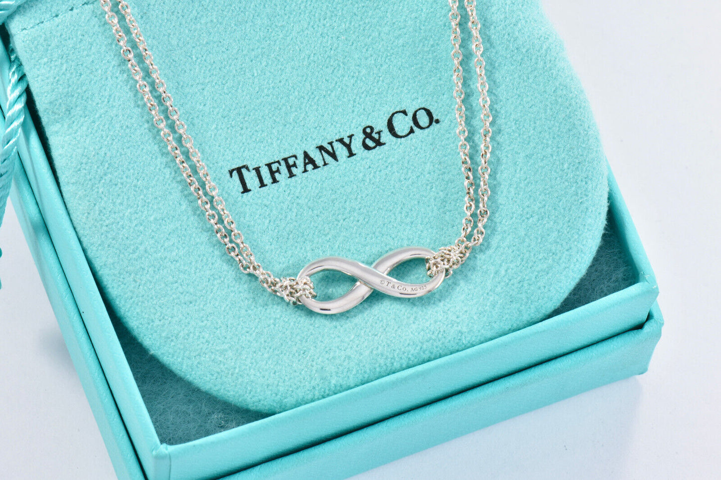 Tiffany & Co Silver Blue Enamel Infinity Pendant 18" Double Chain Necklace Boxed