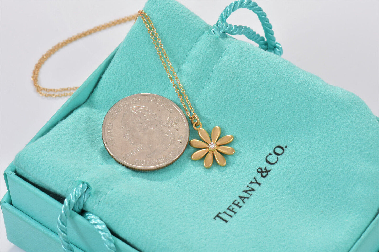 Tiffany & Co Diamond 18K Yellow Gold Daisy Flower Pendant 16.25" Necklace in Box