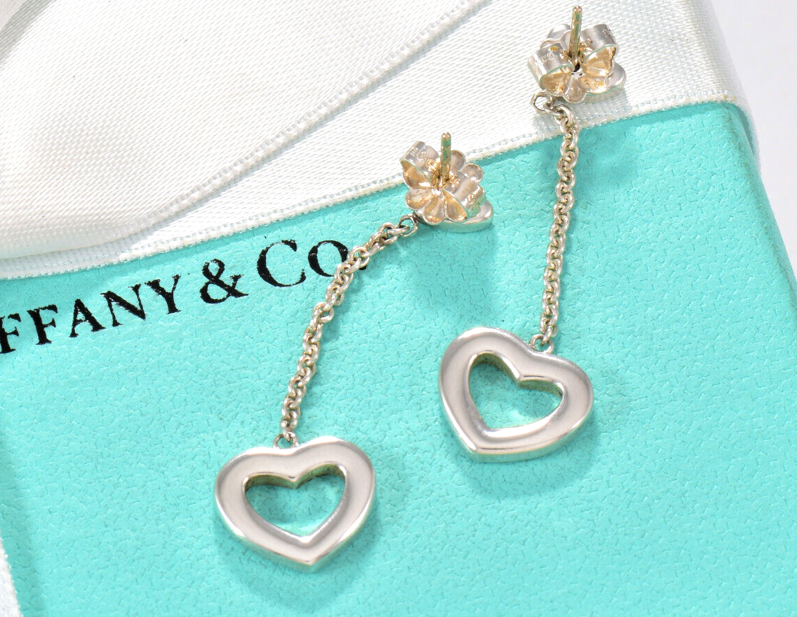 Tiffany & Co Silver Heart Drop Lariat Dangle Earrings Only Lovely