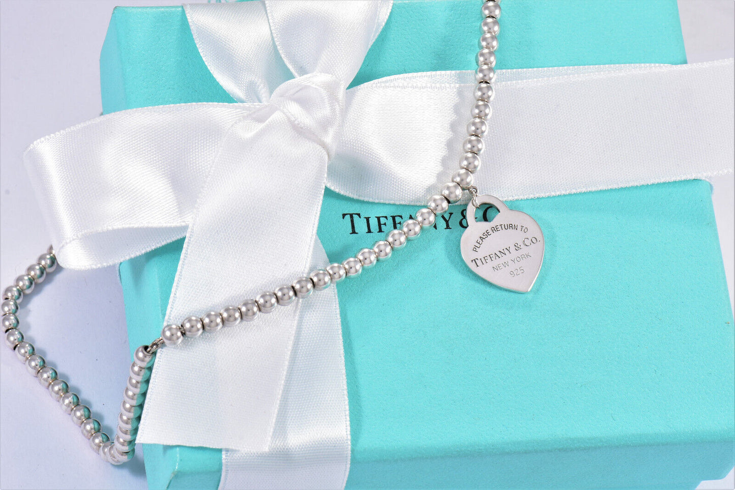 Please Return To Tiffany & Co Silver Heart Pendant 16" Beaded Necklace in Pouch