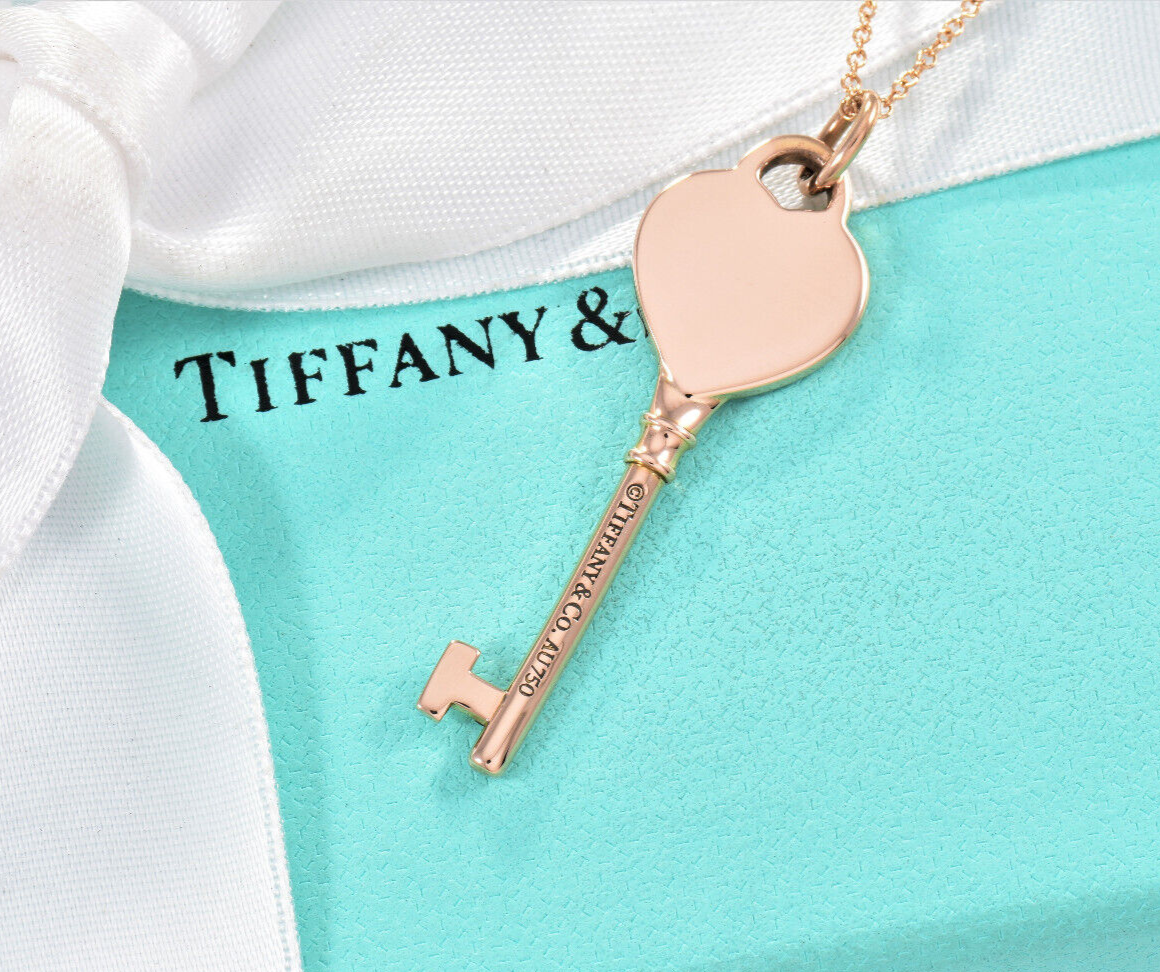 Please Return To Tiffany & Co 18K Rose Gold Heart Key Pendant 18" Necklace Boxed