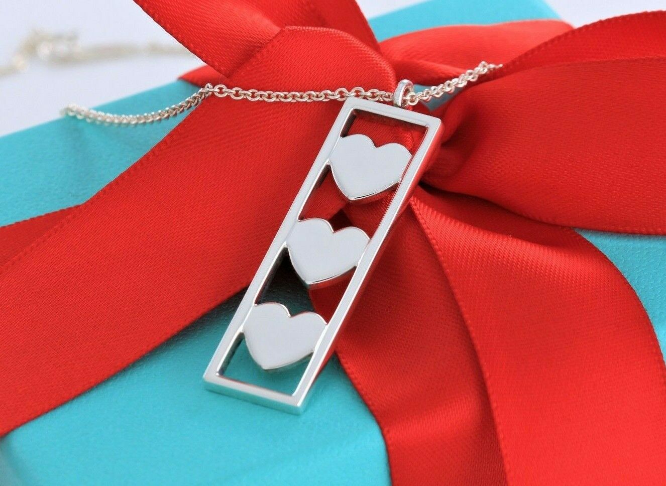 Tiffany & Co Sterling Silver Three Heart Bar Pendant 16" Necklace in Pouch Rare