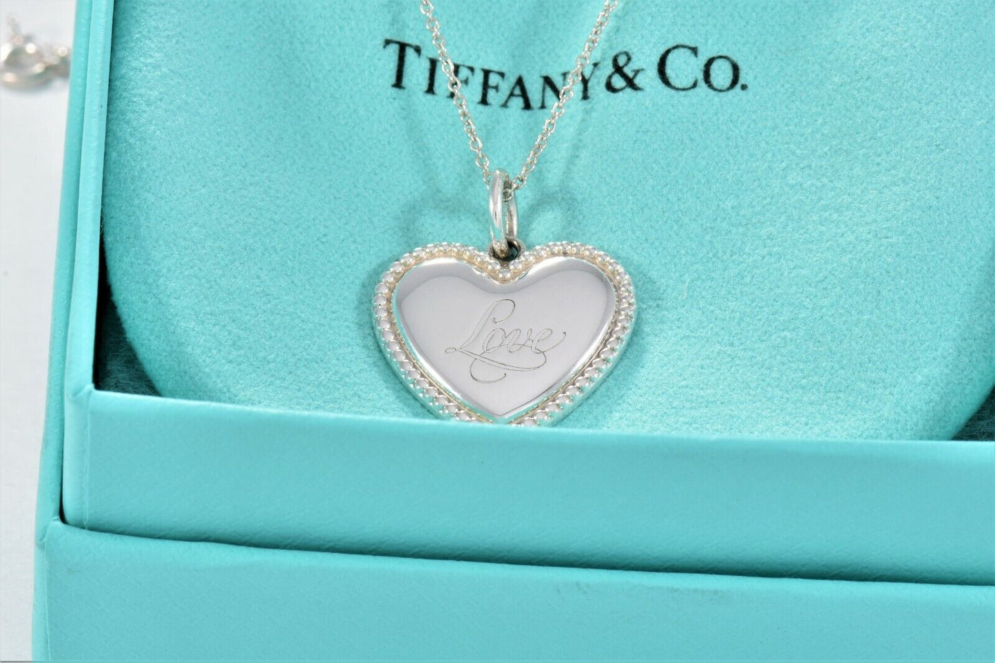 Tiffany & Co Silver Heart Love Signature Bead Pendant Necklace in Box Pouch Rare