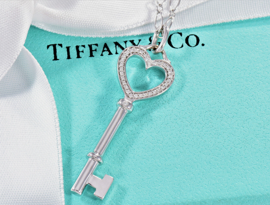 Tiffany & Co Diamond 18K White Gold 1.5" Heart Key Pendant Oval Chain Necklace