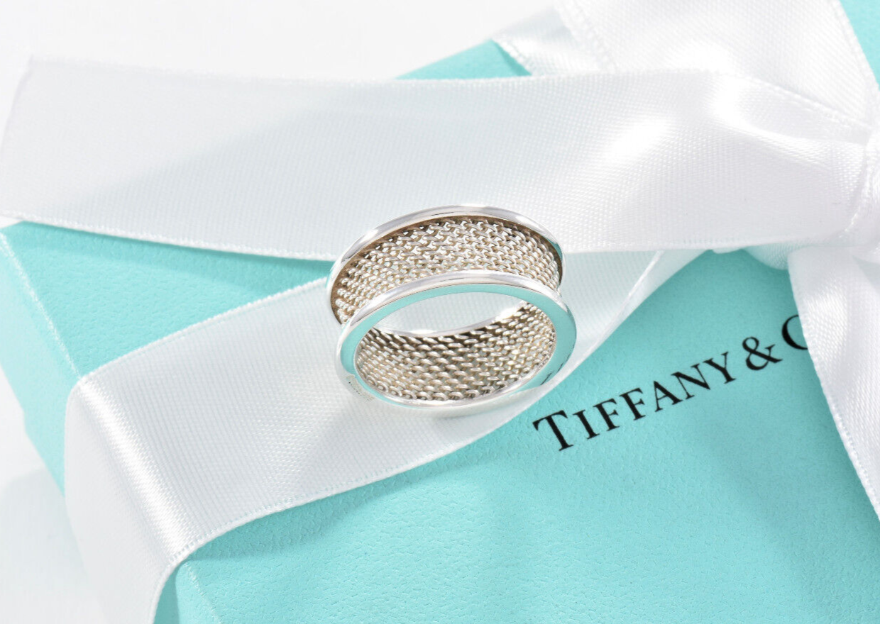 Tiffany & Co Sterling Silver Mesh Wide Bar Band Size 5.5 Ring In Pouch Unisex