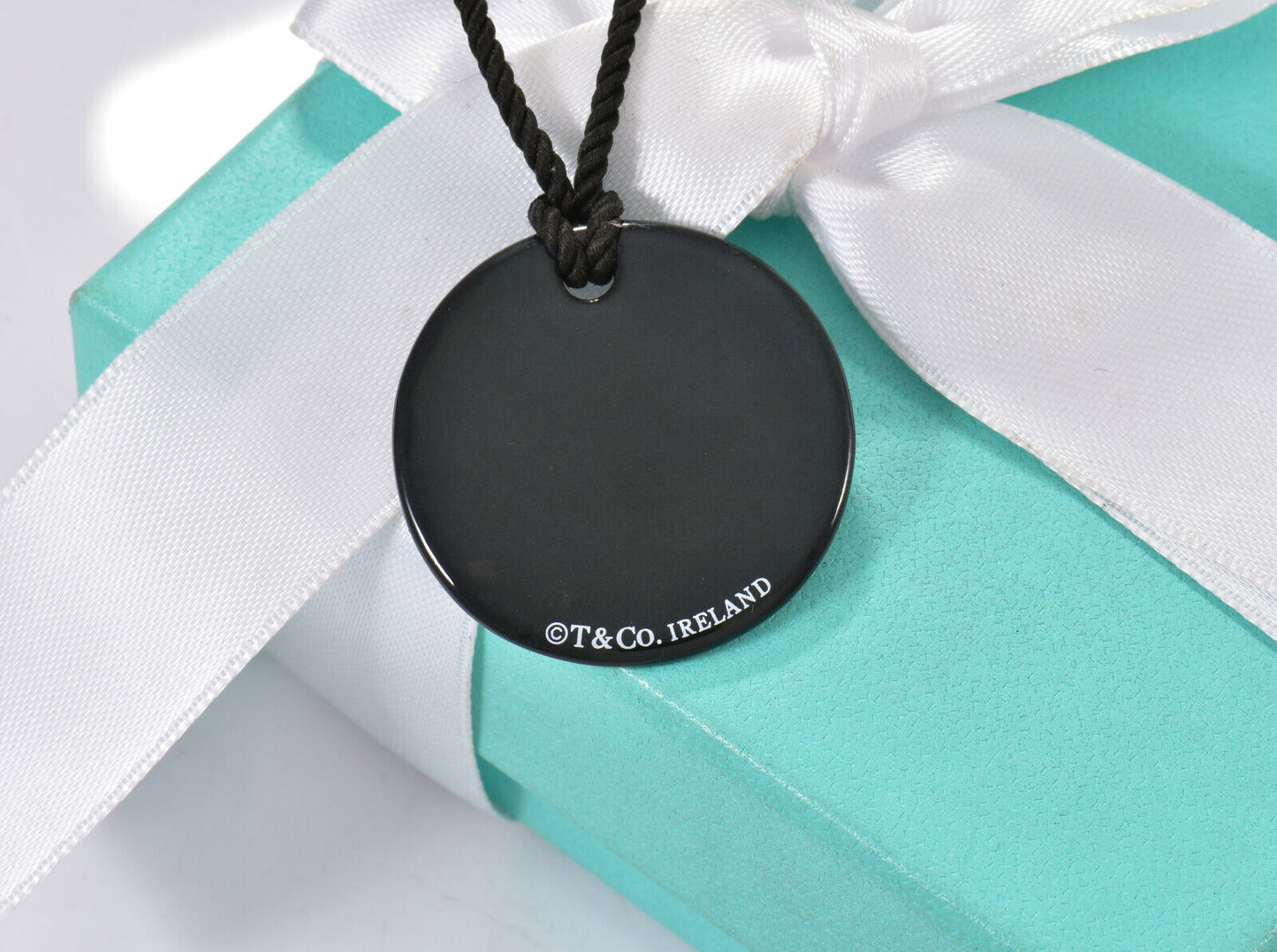 Tiffany & Co Silver Black Onyx NY Address Notes Circle Round Pendant Necklace