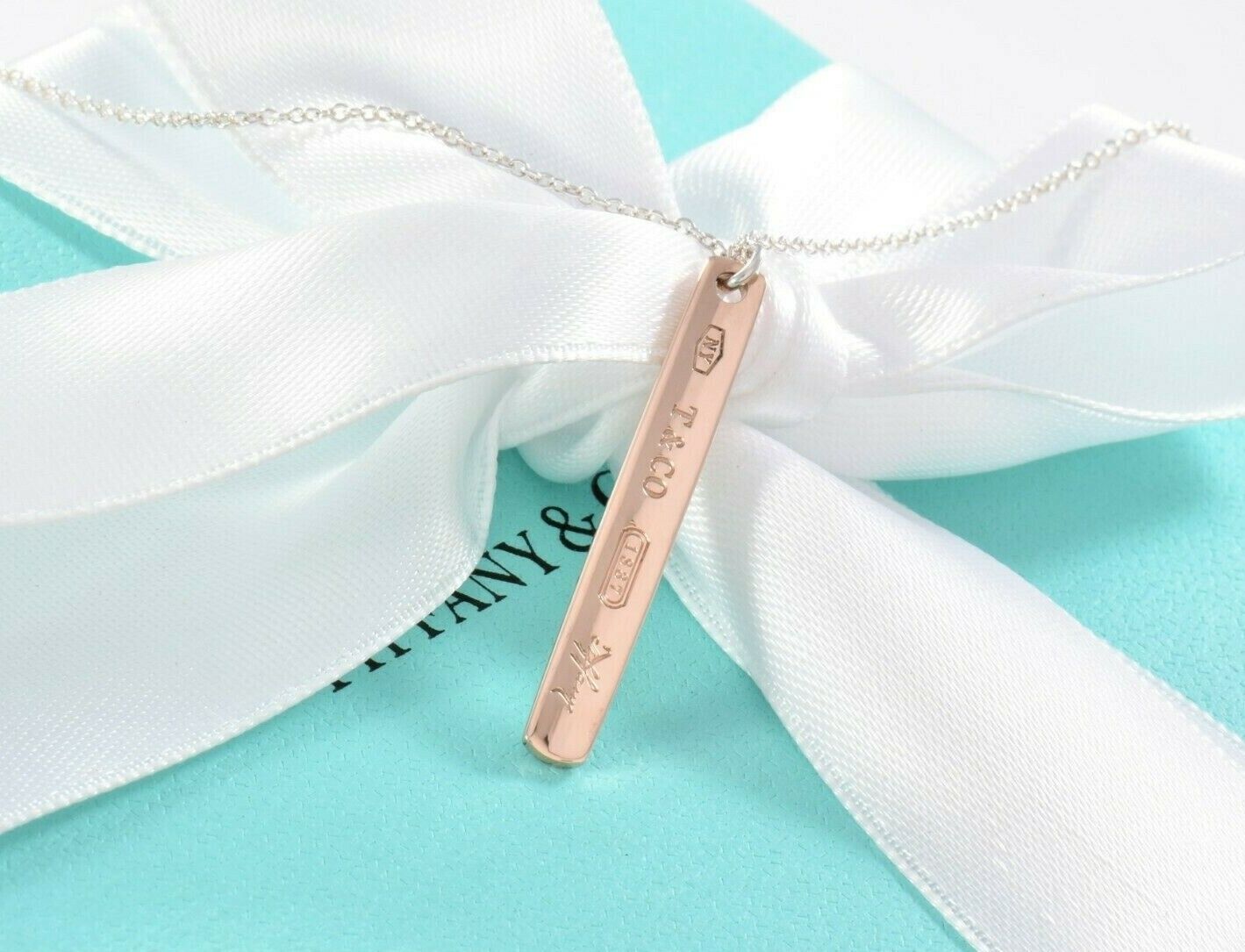 Tiffany & Co Rubedo Gold Sterling Silver 1837 Thin Bar Pendant Necklace in Pouch