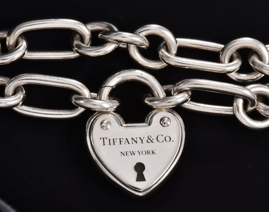 8" Tiffany & Co NY Silver Heart Lock Charm Heavy Oval Chain Link Bracelet in Box