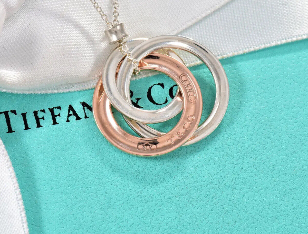 Tiffany & Co Silver Rubedo Metal 1837 Interlocking Circles Pendant Necklace Box