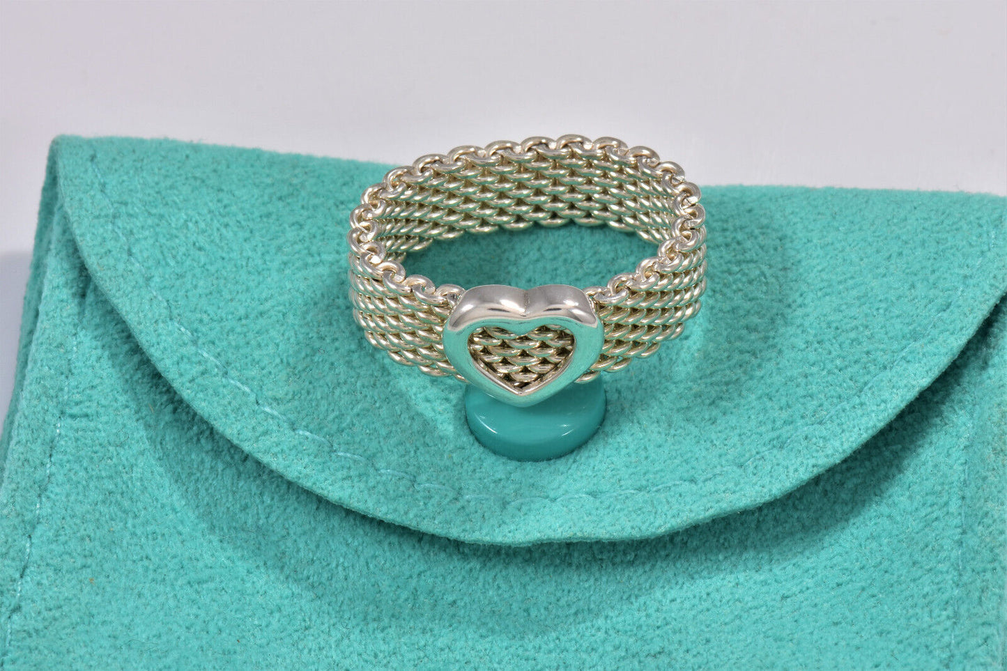 Tiffany & Co Sterling Silver Heart Mesh Love Ring Size 6 with Pouch Rare Lovely