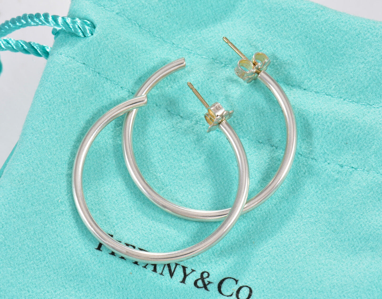 Tiffany & Co Silver 1.25" Large Narrow Tube Hoop Earrings in Box Rare 31mm Bar