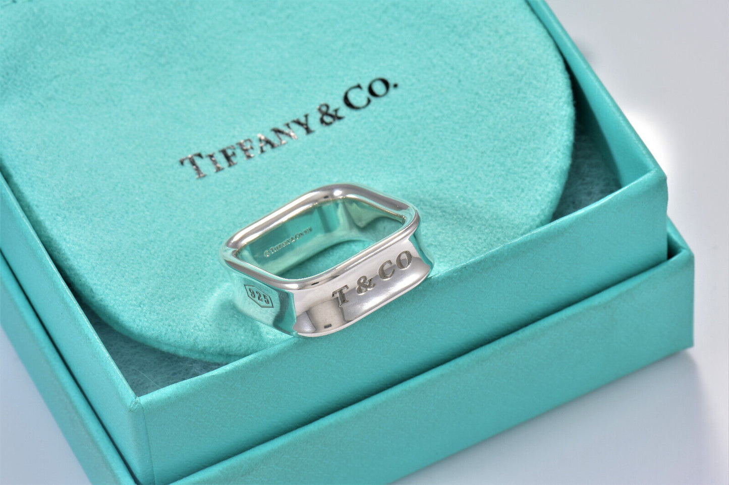 Tiffany & Co 1837 Sterling Silver Square Wide Band Ring Size 7 in Pouch Rare