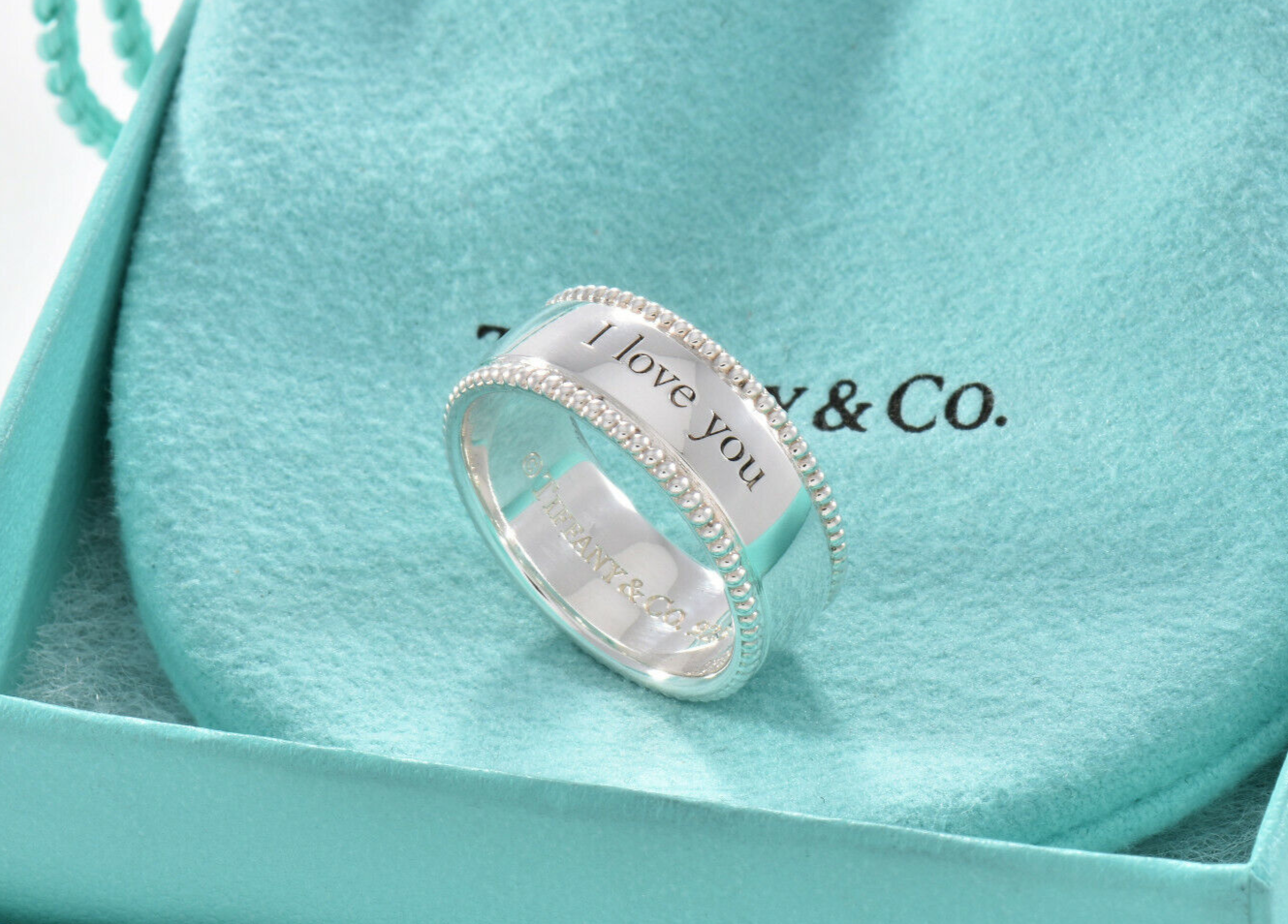 Tiffany & Co Sterling Silver I Love You Bead Edge Ring Size 4.5 & Pouch Yours