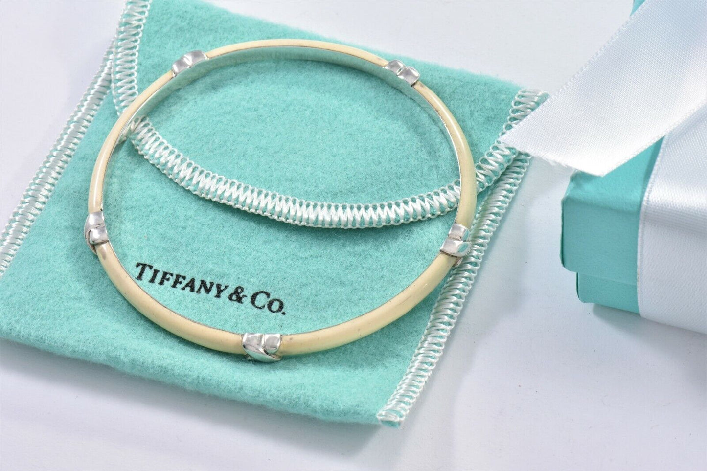 Tiffany & Co Italy Silver Signature X White Enamel Bangle Large Bracelet & Pouch