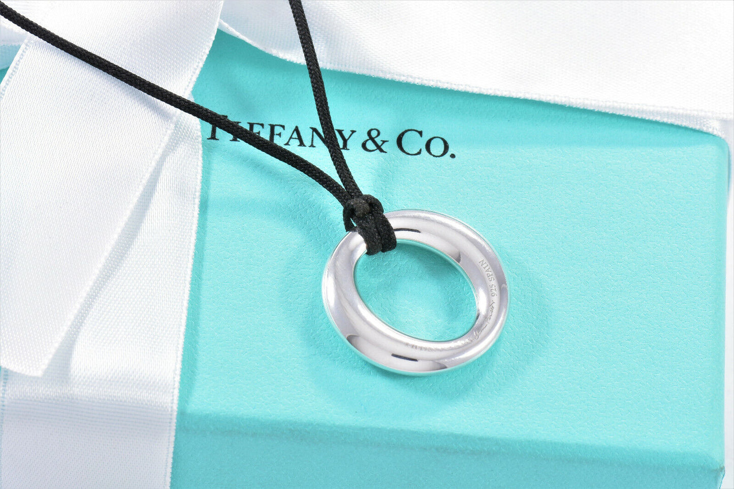 Tiffany & Co Silver Elsa Peretti Sevillana O Pendant Black Silk Necklace in Box