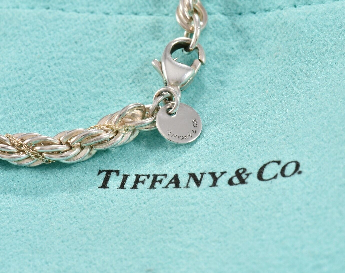 Vintage Tiffany & Co Silver 18K Yellow Gold Rope Chain 7.25" Bracelet in Pouch