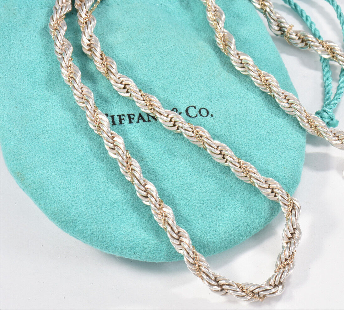 Tiffany & Co 18K Gold Silver 18" Rope Chain Necklace in Pouch Unisex Mens Twist